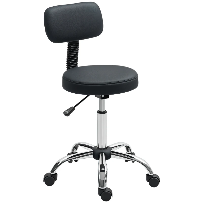 HOMCOM Adjustable Rolling Stool with Removable Backrest, Faux Leather Swivel Stool Chair for Salon Spa, Bar, Massage, Black