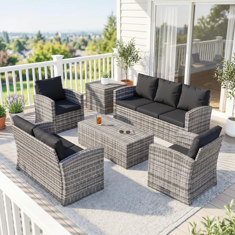 Outsunny 6 Pieces Wicker Patio Furniture Set with Cushions, 7-Seater Rattan Patio Sofa Set with Storage Table, Black