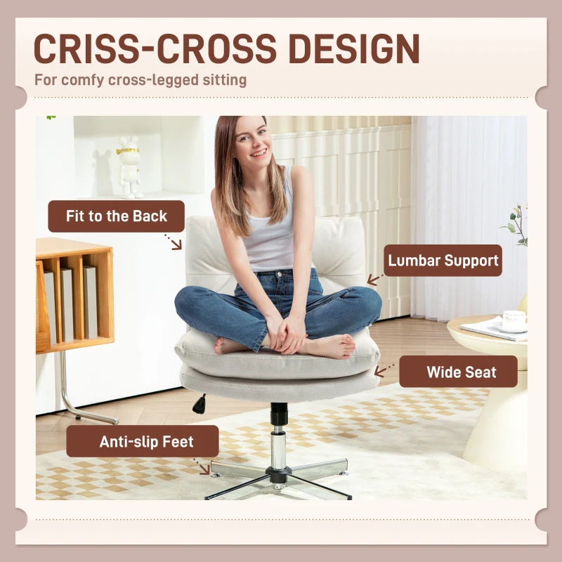 HOMCOM Armless Office Chair, Criss Cross Chair with Adjustable Height & Tilt Function for Home Office, Study, Light Grey