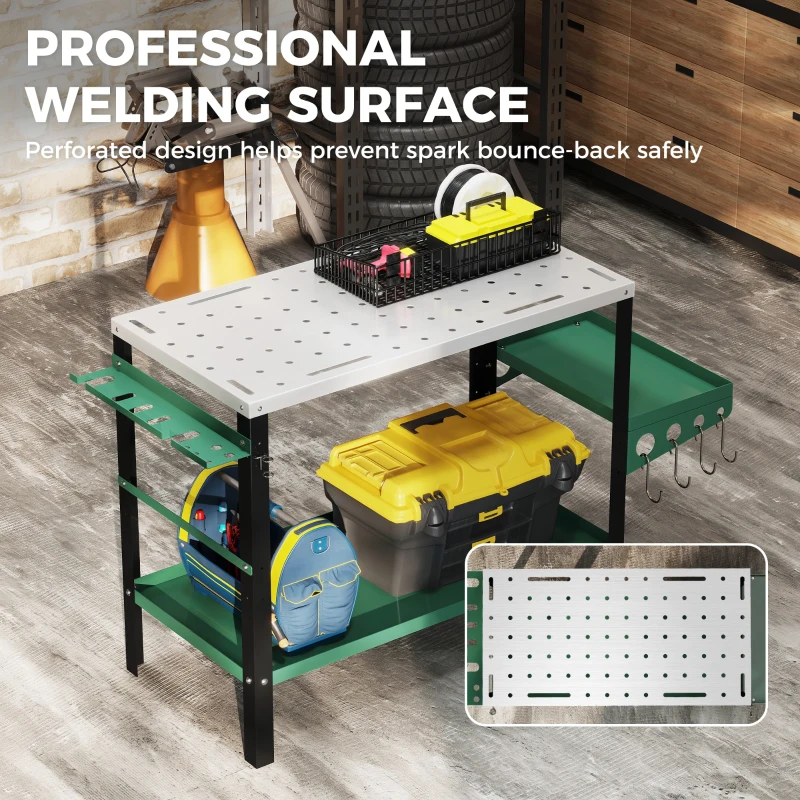 HOMCOM 2Tier Rolling Welding Table, Lockable Steel Heavy Duty Welding Workbench Table with Side Tray, Silver & Green