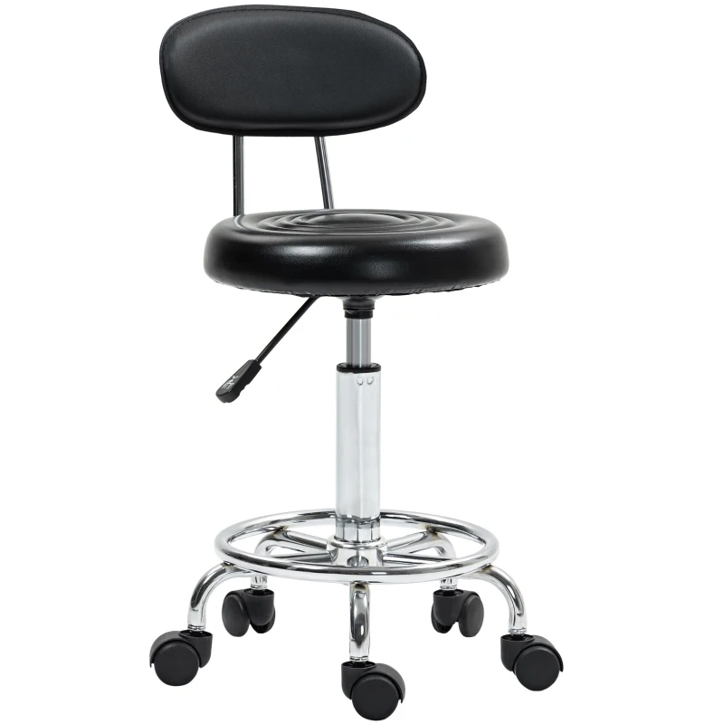 HOMCOM Adjustable Stool, Rolling Stool, 360° Rotate, with Backrest and Wheels, Black