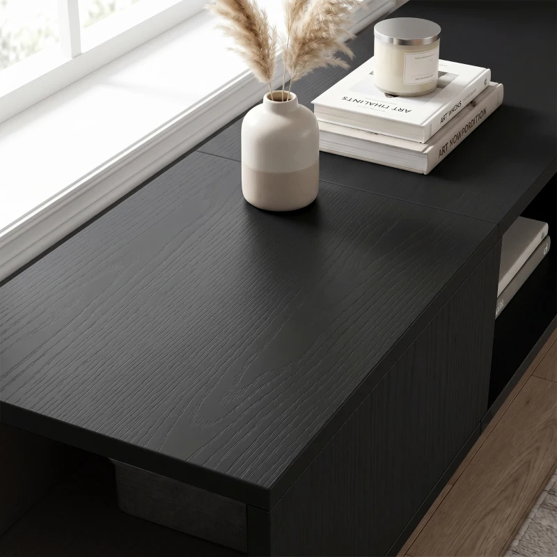 HOMCOM TV Stand with RGB LED Lights, Entertainment Center with Open Shelves for 75 Inch TV, Black Wood Grain