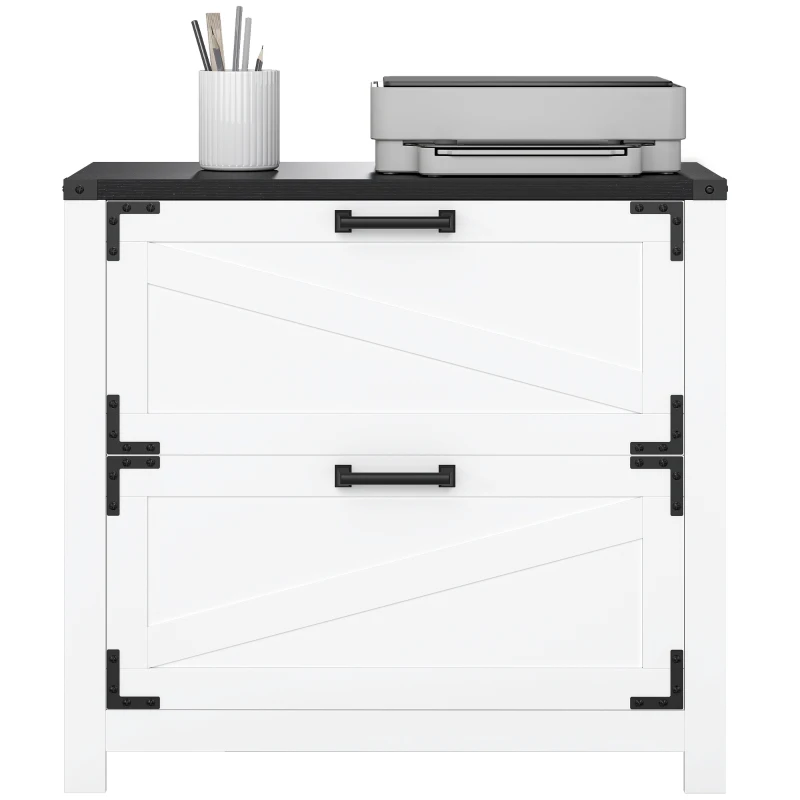 HOMCOM 2 Drawer Filing Cabinet, Farmhouse Office Storage Cabinet with Adjustable Hanging Bars for Letter, A4, Legal Size, White