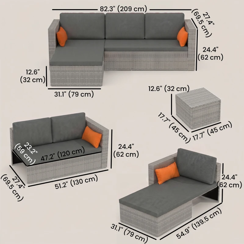 Outsunny 3-Piece Patio Furniture Set Modern Sectional Sofa Rattan Chair Wicker Conversation Set Outdoor Hand Woven Rattan Wicker Furniture Patio Coffee Table Sofa Set, Grey