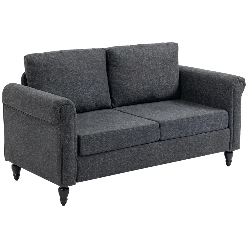 HOMCOM Vintage Loveseat, Upholstered Love Seat Furniture, Chenille-feel Fabric 2 Seater Sofa Couch with Rolled Arms, Gourd-Shaped Rubber Wood Legs for Living Room, Dark Grey