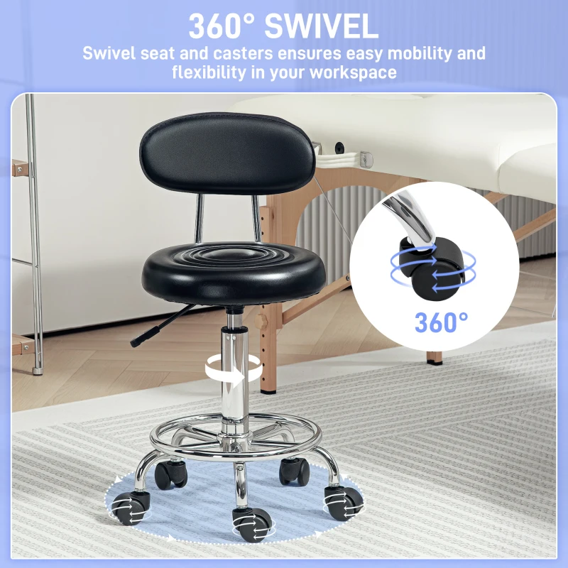 HOMCOM Adjustable Stool, Rolling Stool, 360° Rotate, with Backrest and Wheels, Black