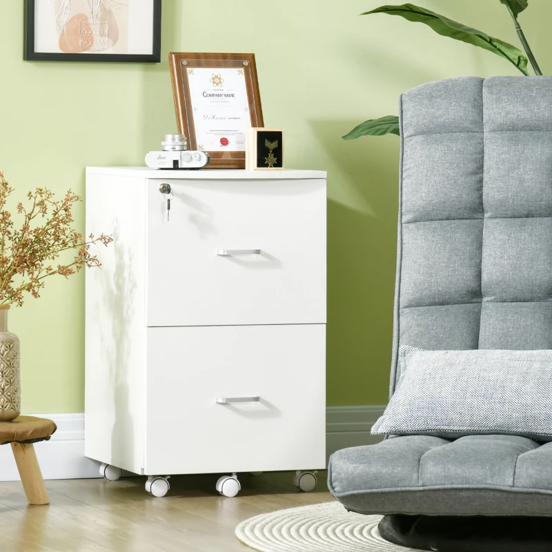 Vinsetto 2 Drawer File Cabinet with Lock, Small Rolling Filing Cabinet for A4, Letter-Size Documents, Printer Stand for Home Office, 17" x 17.75" x 28.25", White