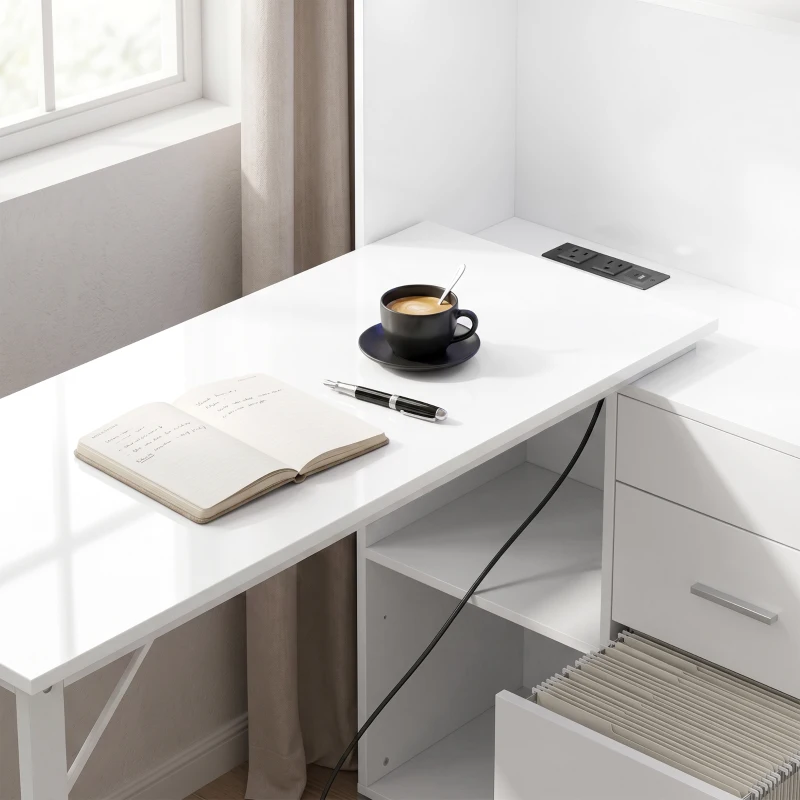 HOMCOM 54" Computer Desk with Drawers, Home Office Desk with Storage, Power Outlets and LED Lights, White