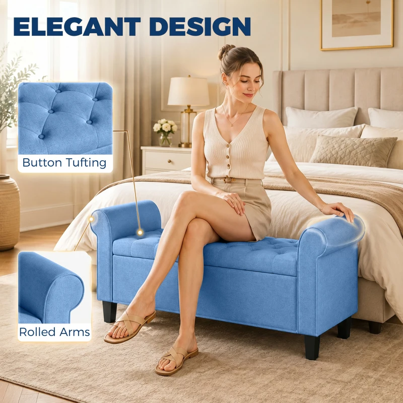 HOMCOM 47" Storage Ottoman Bench, Tufted End of Bed Bench with Rolled Arms, Safety Hinge, Wood Legs for Bedroom, Blue
