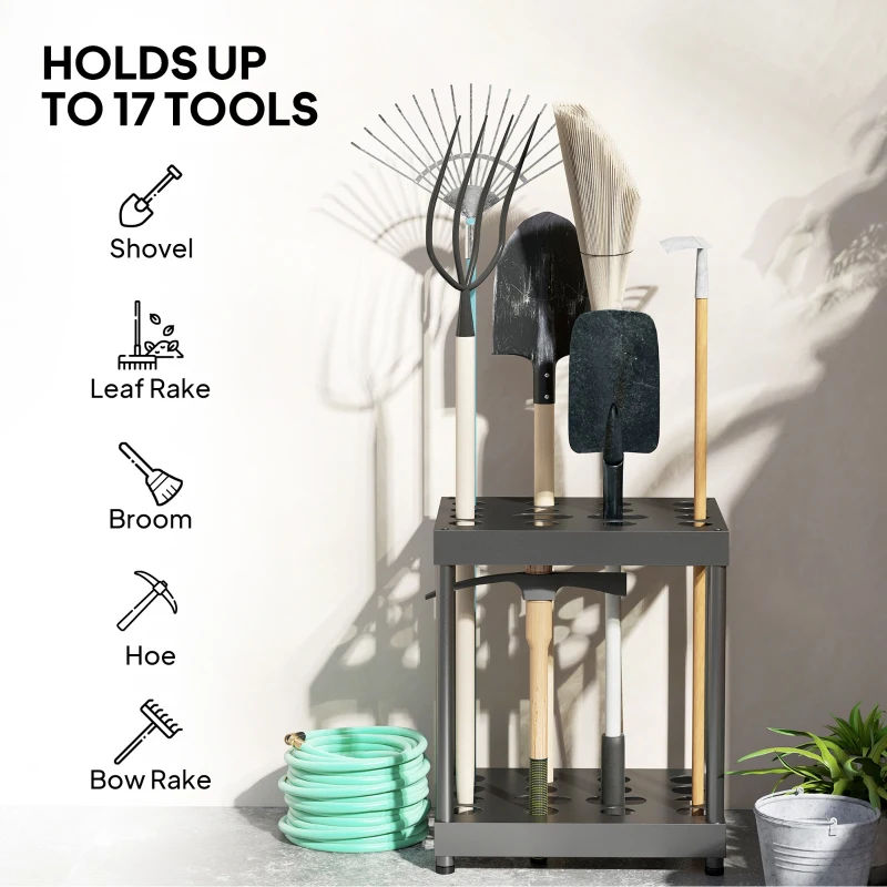 Outsunny Garden Tool Storage Rack, Up to 16 Tools, Heavy-Duty Metal Yard Tool Organizer for Garage Organization and Storage