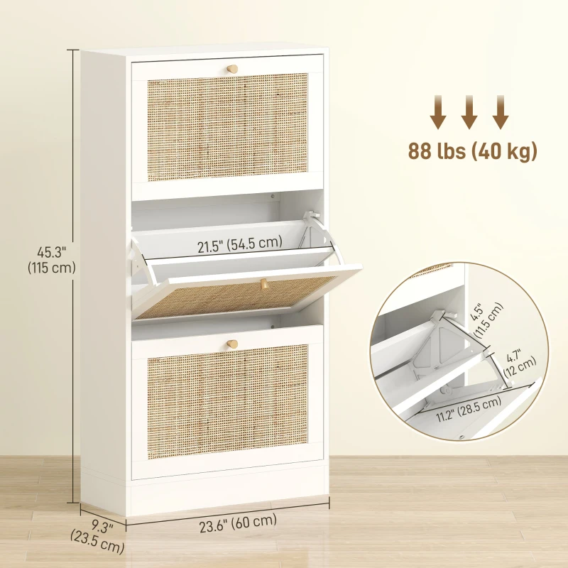 HOMCOM Rattan Shoe Storage Cabinet with 3 Flip Drawers and Adjustable Shelves, Entryway Shoe Cabinet for 18 Pairs, White