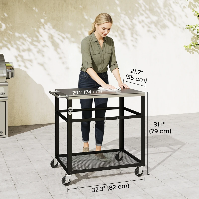 Outsunny Outdoor Grill Cart with Stainless Steel Tabletop, 2-Tier Kitchen Prep Station with Hooks, Lockable Wheels, Black