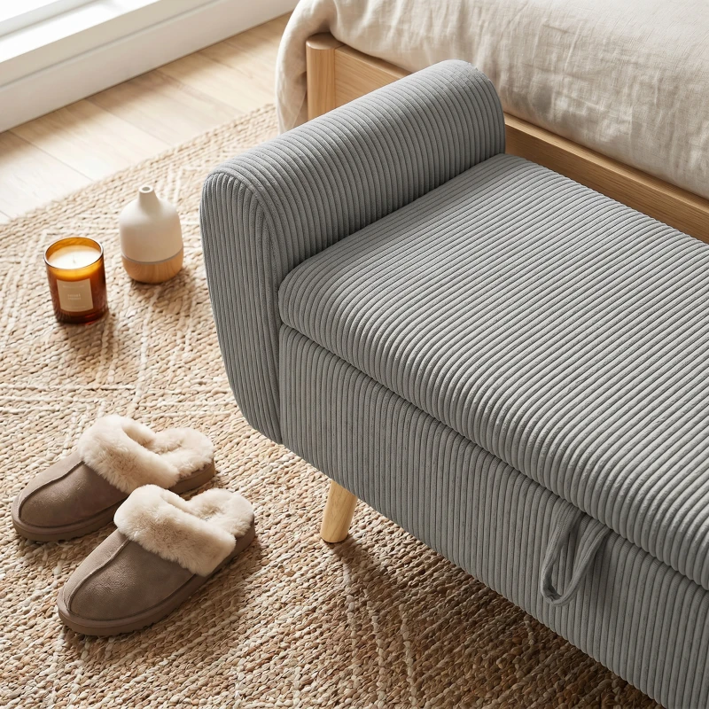 HOMCOM Storage Ottoman, 59" Corduroy End of Bed Storage Bench for King Size Bed with Wooden Legs and Rolled Arms, Dark Grey