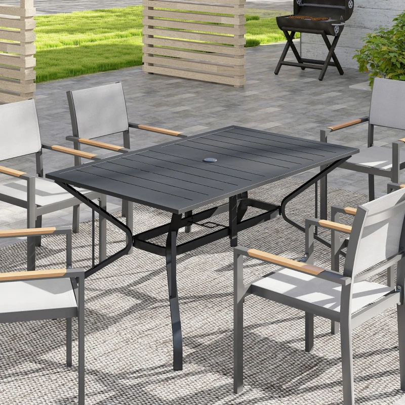 Outsunny Rectangle Patio Dining Table with Umbrella Hole, Outdoor Dining Table for 6 with Steel Frame for Garden, Balcony, Black