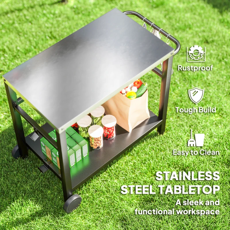 Outsunny Outdoor Grill Dining Cart with Stainless Steel Tabletop, 2-Shelf BBQ Movable Pizza Oven Stand with Wheels, Charcoal Grey