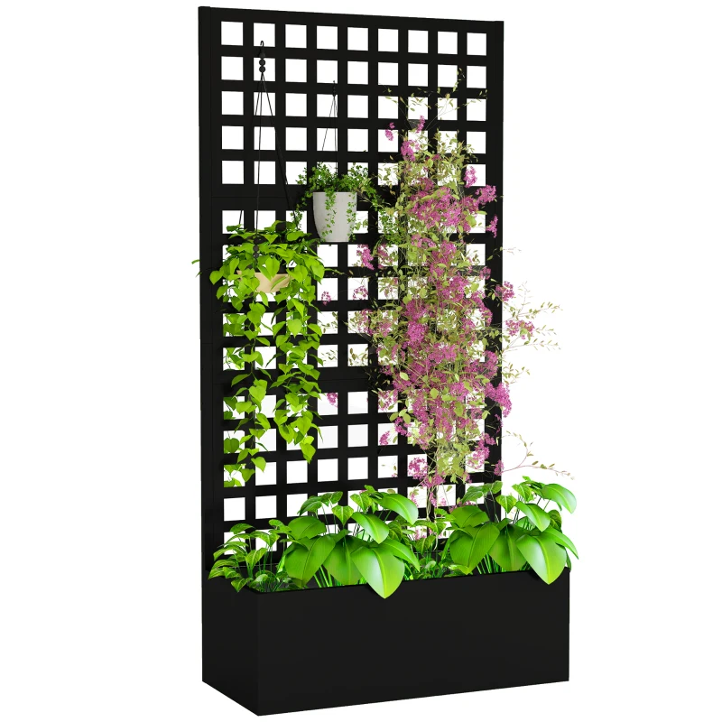 Outsunny Galvanized Raised Garden Bed Planter Box with Trellis for Climbing Plants, Vegetable, Vines, 35" x 16" x 70", Black