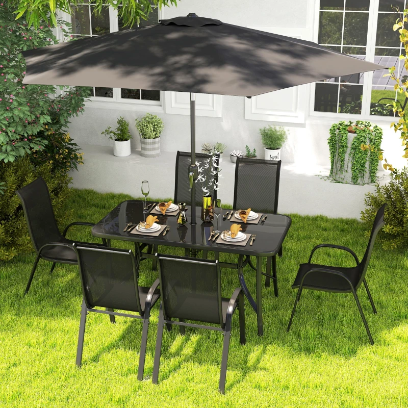 Outsunny 8 Pieces Patio Furniture Set with 9Ft Patio Umbrella, Outdoor Dining Table and Chairs, Black