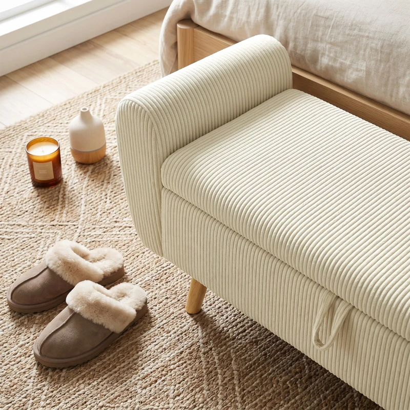 HOMCOM Storage Ottoman, 59" Corduroy End of Bed Storage Bench for King Size Bed with Wooden Legs and Rolled Arms, Beige