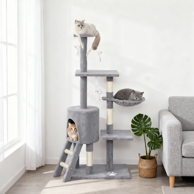 PawHut 53" Cat Tree Tower, Kitten Activity Centre with Scratching Posts, Condo, Perches, Ladder, Hammock, Dangling Toys, Grey