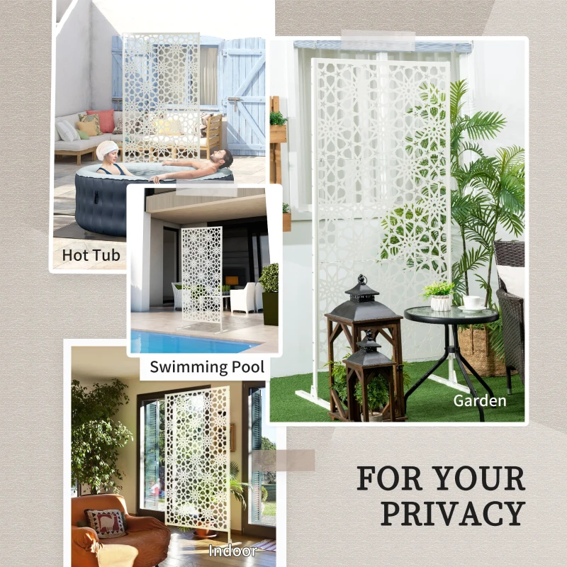 Outsunny Metal Outdoor Privacy Screen, Decorative Outdoor Divider with Stand and Expansion Screws, 36.2" x 17.7" x 78", White