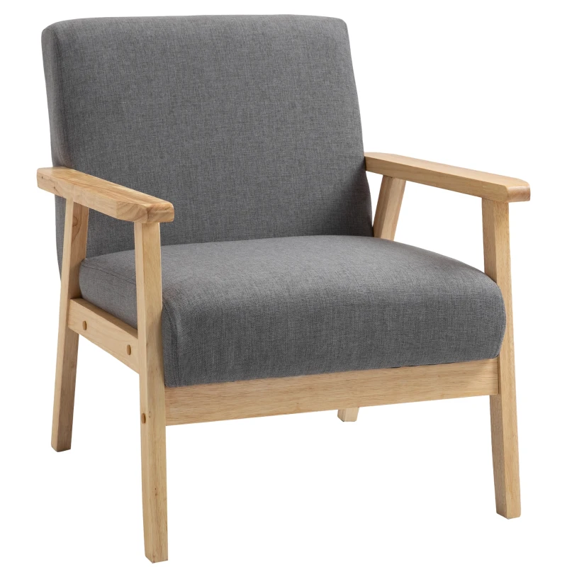 HOMCOM Minimalistic Accent Chairs Wood Frame w/ Thick Linen Cushions Wide Seat Armchair for Bedroom Office, Grey