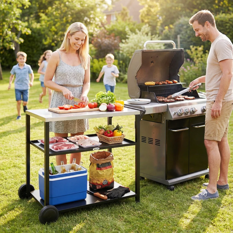 Outsunny Outdoor Grill Cart with Stainless Steel Tabletop, 3-Tier BBQ Stand, Movable Food Prep Table on Wheels, Black