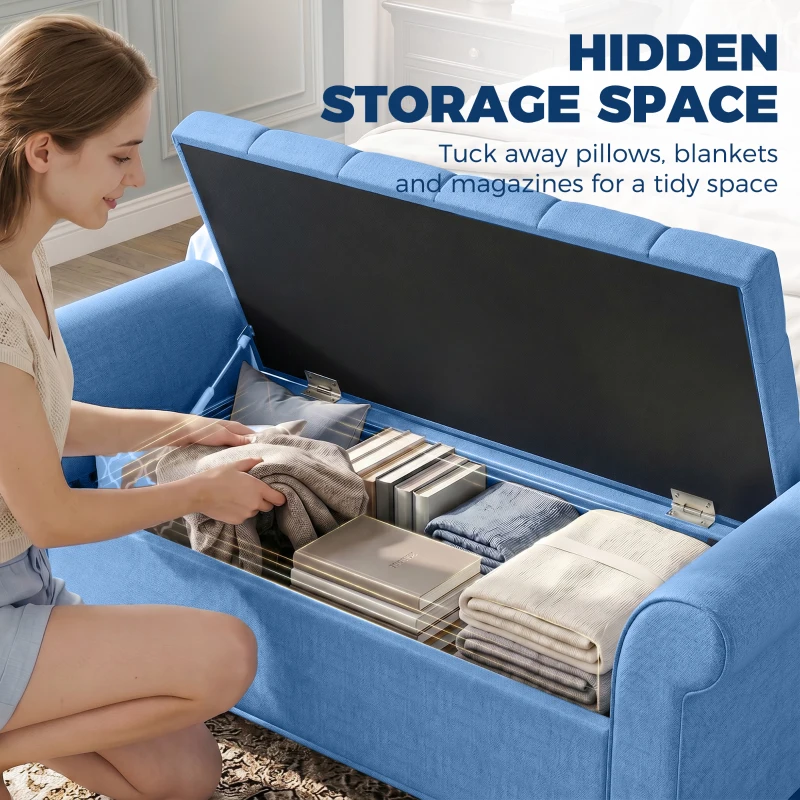 HOMCOM 47" Storage Ottoman Bench, Tufted End of Bed Bench with Rolled Arms, Safety Hinge, Wood Legs for Bedroom, Blue