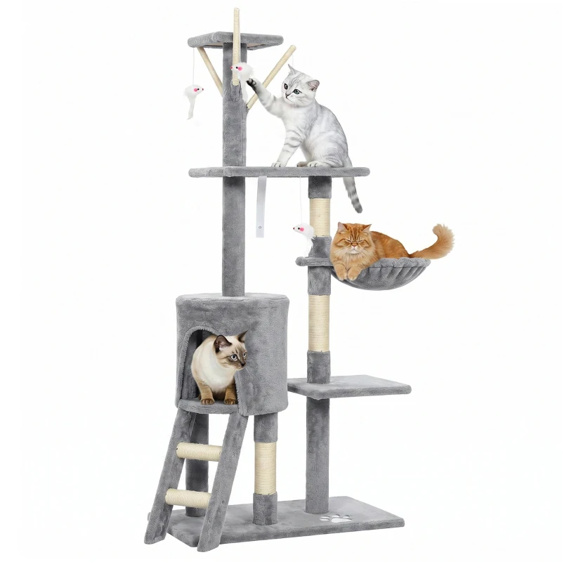 PawHut 53" Cat Tree Tower, Kitten Activity Centre with Scratching Posts, Condo, Perches, Ladder, Hammock, Dangling Toys, Grey