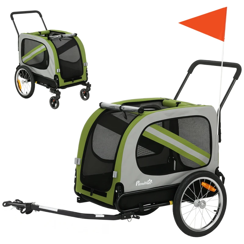 PawHut Dog Bike Trailer, 2-in-1 Dog Wagon Pet Stroller for Travel with Universal Wheel Reflectors Flag, Green