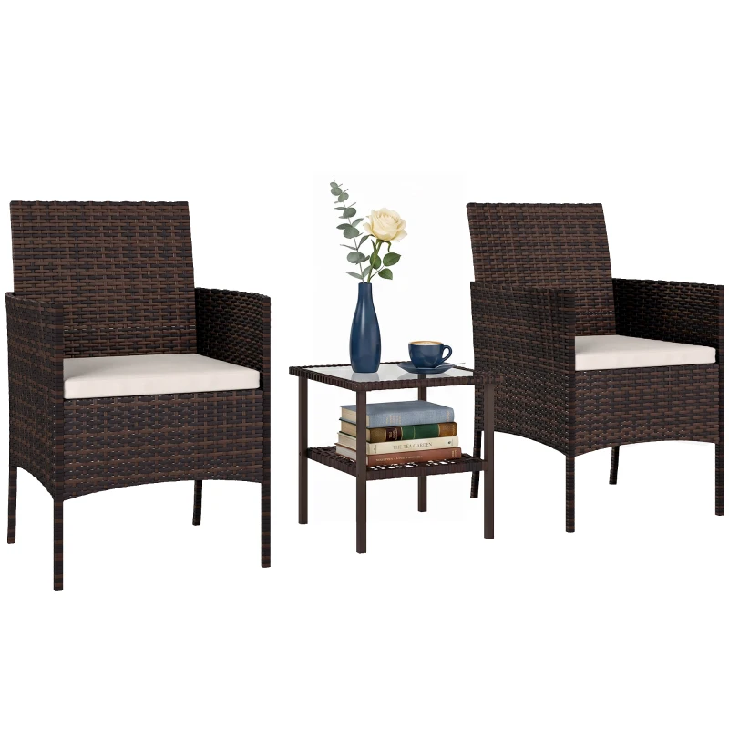 Outsunny Wicker Bistro Set, 3 Piece Patio Furniture Set with 2-Tier Glass Top Table, Cushions for Balcony, Porch, Beige