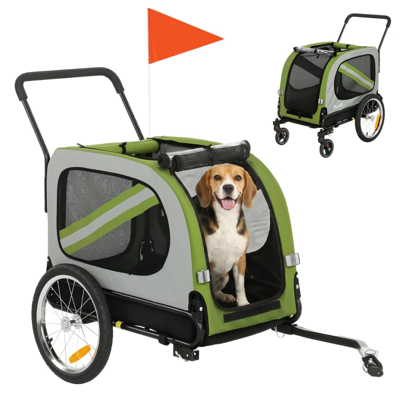 PawHut Dog Bike Trailer, 2-in-1 Dog Wagon Pet Stroller for Travel with Universal Wheel Reflectors Flag, Green