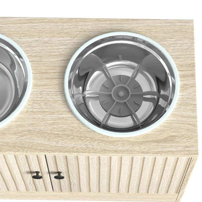 PawHut Raised Dog Bowls with Storage, Slow Feeder,  2 Stainless Steel Food and Water Bowl Non-Slip, Oak