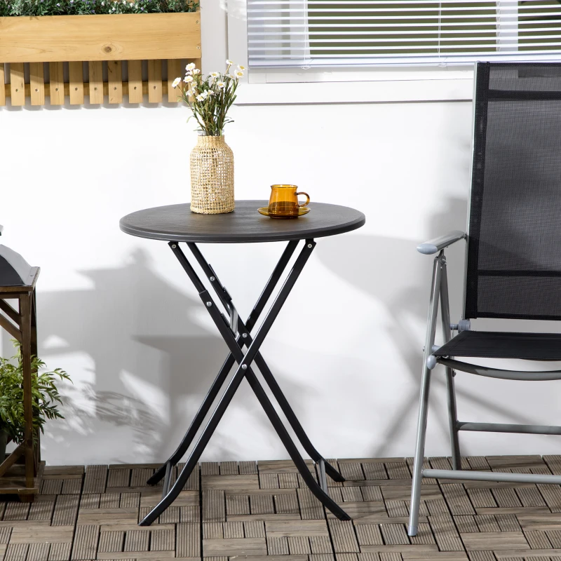 Outsunny Folding Outdoor Coffee Table, 23.6" Round Patio Table with Wood-Effect HDPE Top for Balcony, Garden, Backyard, Dark Grey