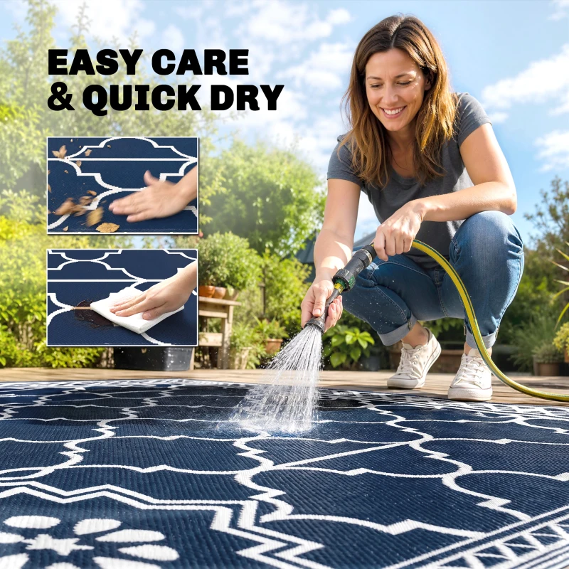 Outsunny Reversible Outdoor Rug Carpet with LED Lights, 10' x 8' PP Straw Rug with Carry Bag and Ground Stakes