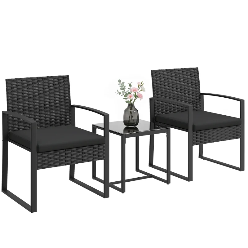 Outsunny Outdoor Bistro Set, 3 Piece Wicker Patio Furniture Set with Glass Top Table and Cushions for Porch, Balcony, Black