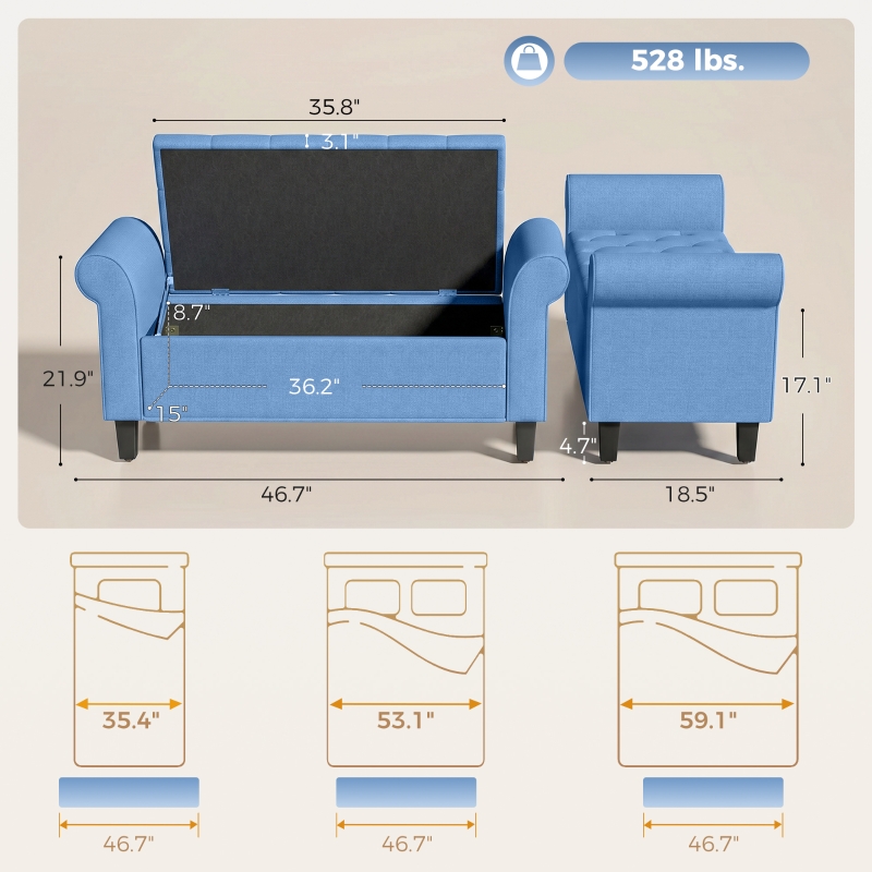 HOMCOM 47" Storage Ottoman Bench, Tufted End of Bed Bench with Rolled Arms, Safety Hinge, Wood Legs for Bedroom, Blue
