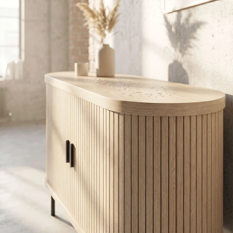 HOMCOM Sideboard Buffet Cabinet with Curved Tambour Doors and Storage, Natural Wood
