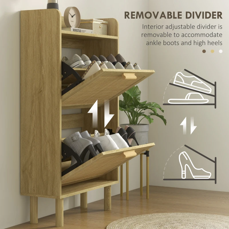HOMCOM Slim Shoe Storage with 2 Flip Drawers and Adjustable Shelves, Rattan Shoe Cabinet Organizer for 12 Pair, Oak