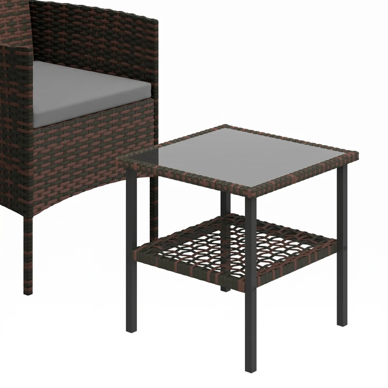 Outsunny Wicker Bistro Set, 3 Piece Patio Furniture Set with 2-Tier Glass Top Table, Cushions for Balcony, Porch, Dark Grey