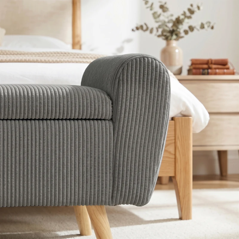 HOMCOM Storage Ottoman, 59" Corduroy End of Bed Storage Bench for King Size Bed with Wooden Legs and Rolled Arms, Dark Grey