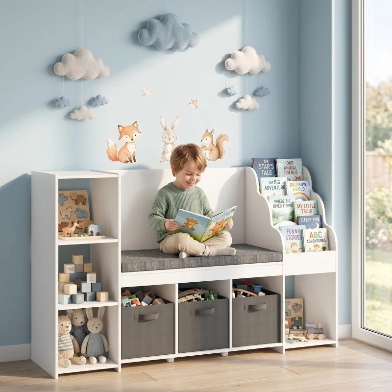 Qaba Kids Storage Shelf with Reading Nook, Toy Storage Organizer with Seat Cushion, 3 Fabric Drawers for Playroom, Nursery