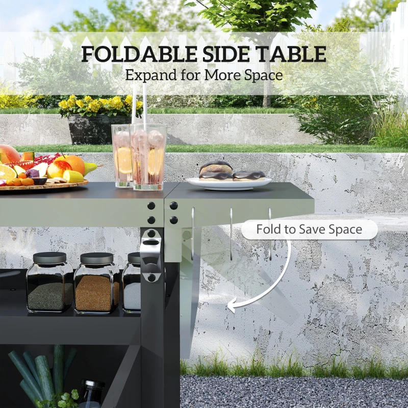 Outsunny Outdoor Grill Cart Table with Foldable Side Table, BBQ Grill Stand with Stainless Steel Top & Hooks, 45.7"x19.7", Black