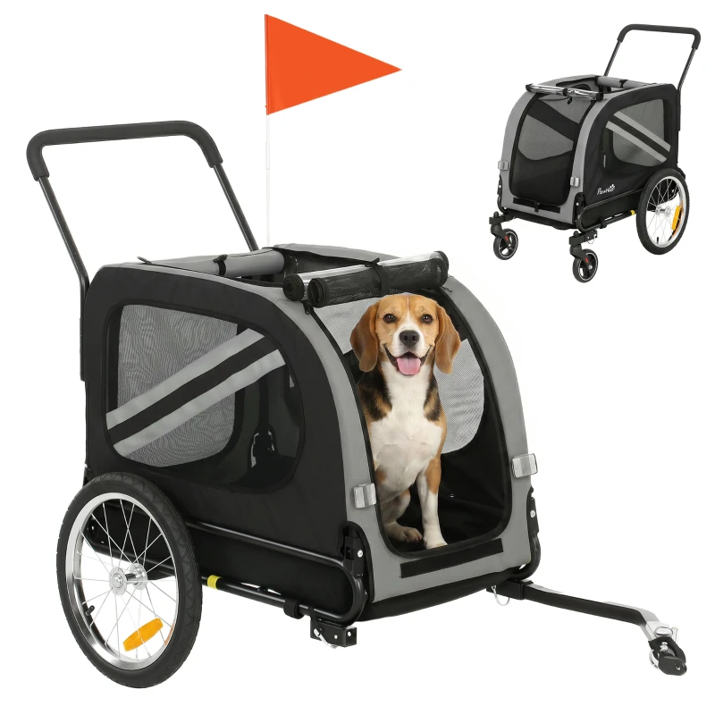 PawHut Dog Bike Trailer, 2-in-1 Dog Stroller with Universal Wheel Reflectors Flag, Grey