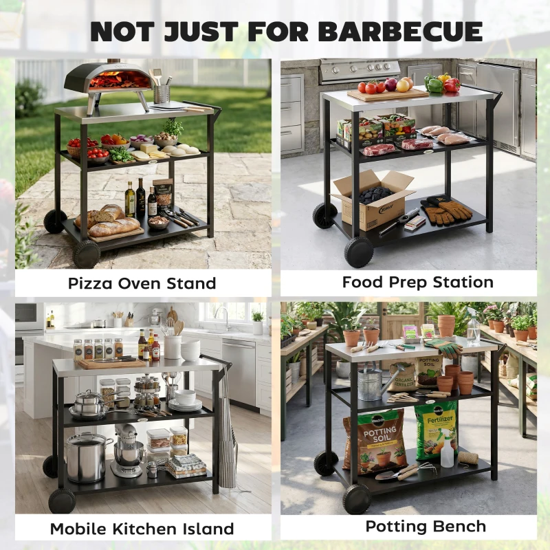 Outsunny Outdoor Grill Cart with Stainless Steel Tabletop, 3-Tier BBQ Stand, Movable Food Prep Table on Wheels, Black