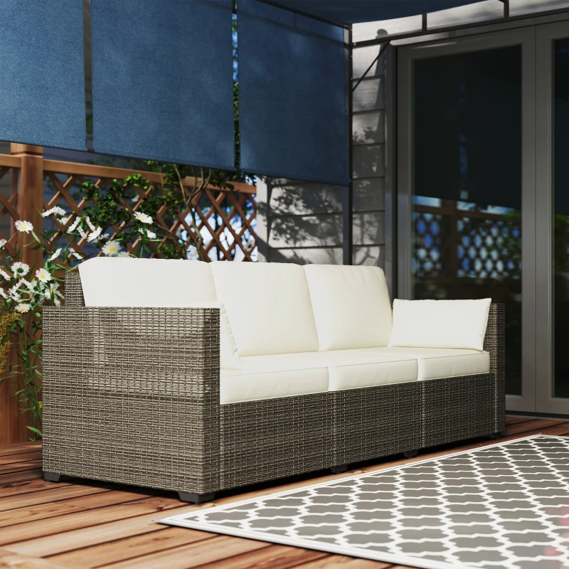 Outsunny 3-Seater Outdoor Sofa with Cushions, PE Rattan Conversation Patio Couch with Pillows for Garden, Poolside, Cream White