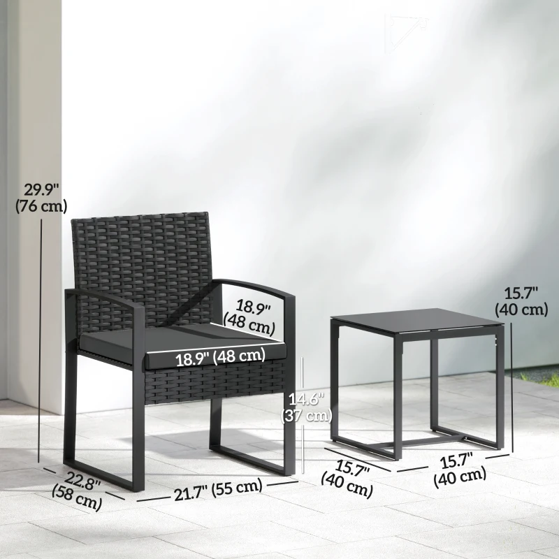 Outsunny Outdoor Bistro Set, 3 Piece Wicker Patio Furniture Set with Glass Top Table and Cushions for Porch, Balcony, Black