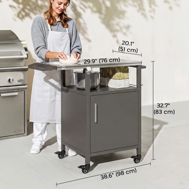 Outsunny Outdoor Grill Cart with Steel top, Pizza Oven Stand with Cabinet, Spice Rack, Towel Holder, Bottle Opener, Brown