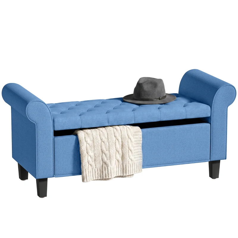 HOMCOM 47" Storage Ottoman Bench, Tufted End of Bed Bench with Rolled Arms, Safety Hinge, Wood Legs for Bedroom, Blue