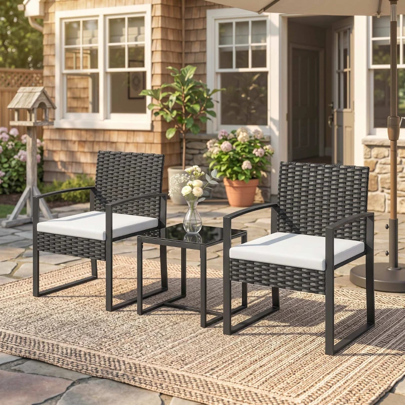 Outsunny Outdoor Bistro Set, 3 Piece Wicker Patio Furniture Set with Glass Top Table and Cushions for Porch, Balcony, Cream White