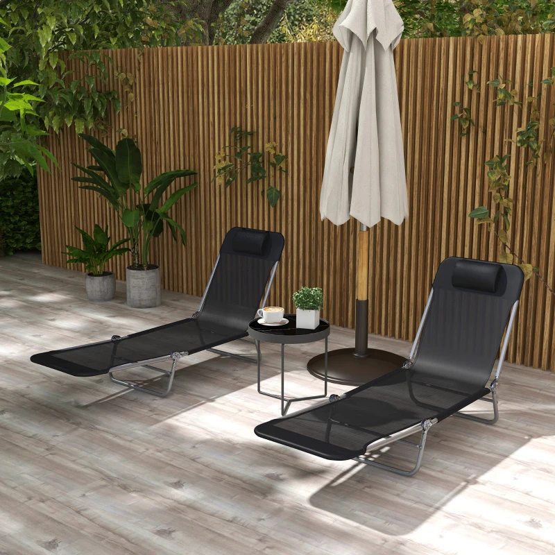 Outsunny Folding Outdoor Lounge Chair Set of 2, Reclining Tanning Chair with 5-Position Adjustable Backrest, Black